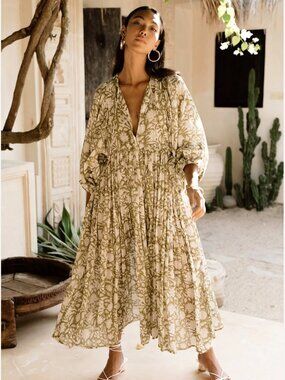 Daughters of India Kyra Midi Dress Olive Cotton Small